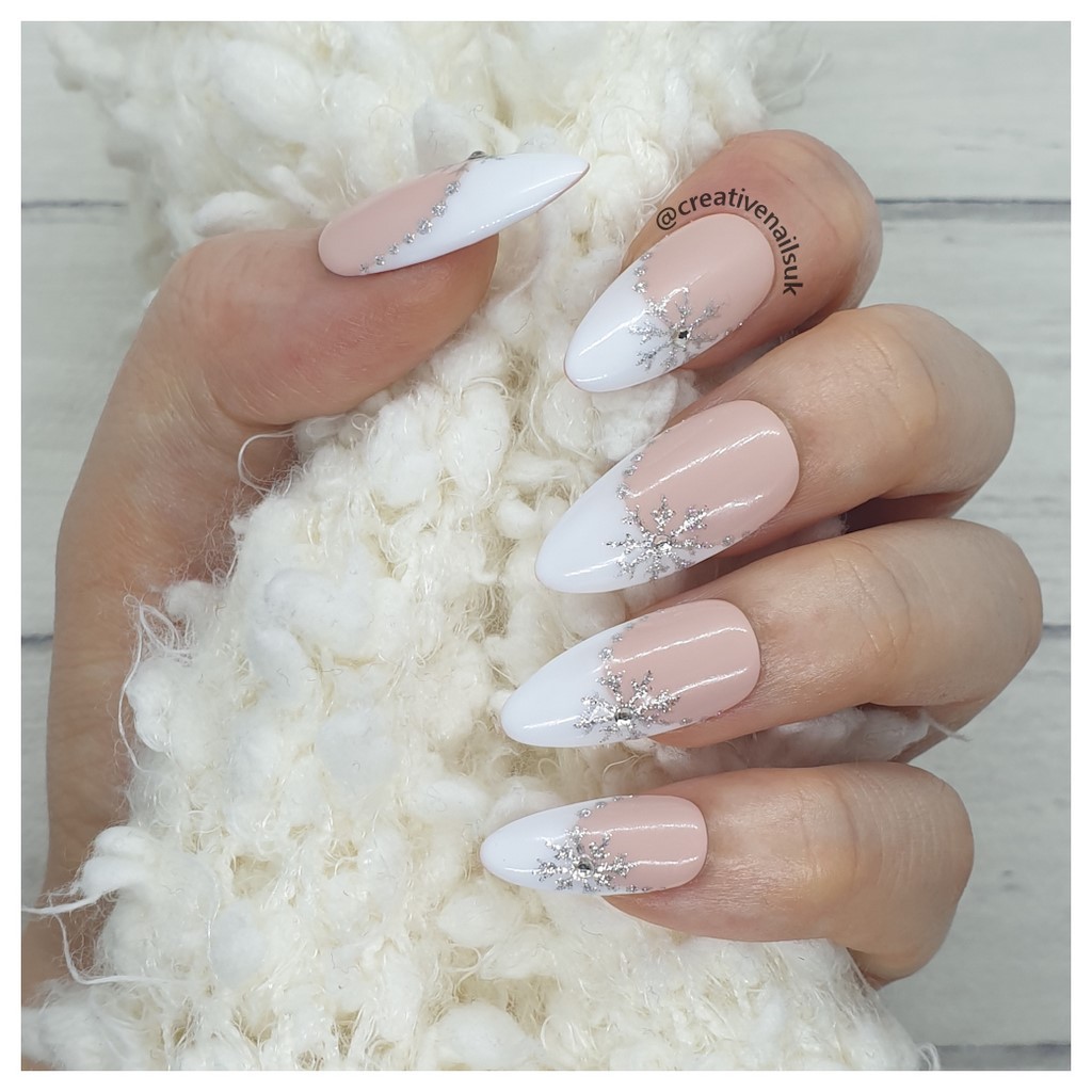French Manicure Press On False Nails With Snowflakes | Creative Nails