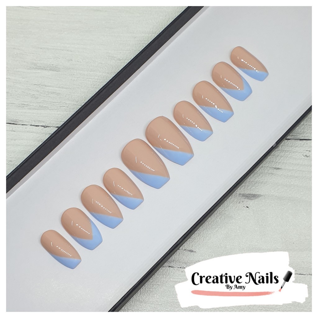 Light Blue Striped French V Tip Press On False Nails Creative Nails