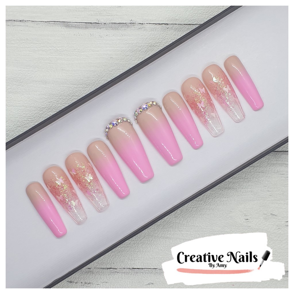 Pink Ombre & Butterfly Press On False Nails | Creative Nails