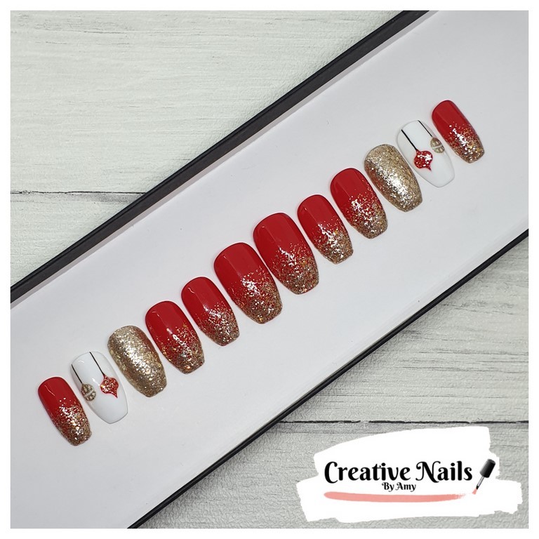 red & gold glitter ombre & bauble false nails